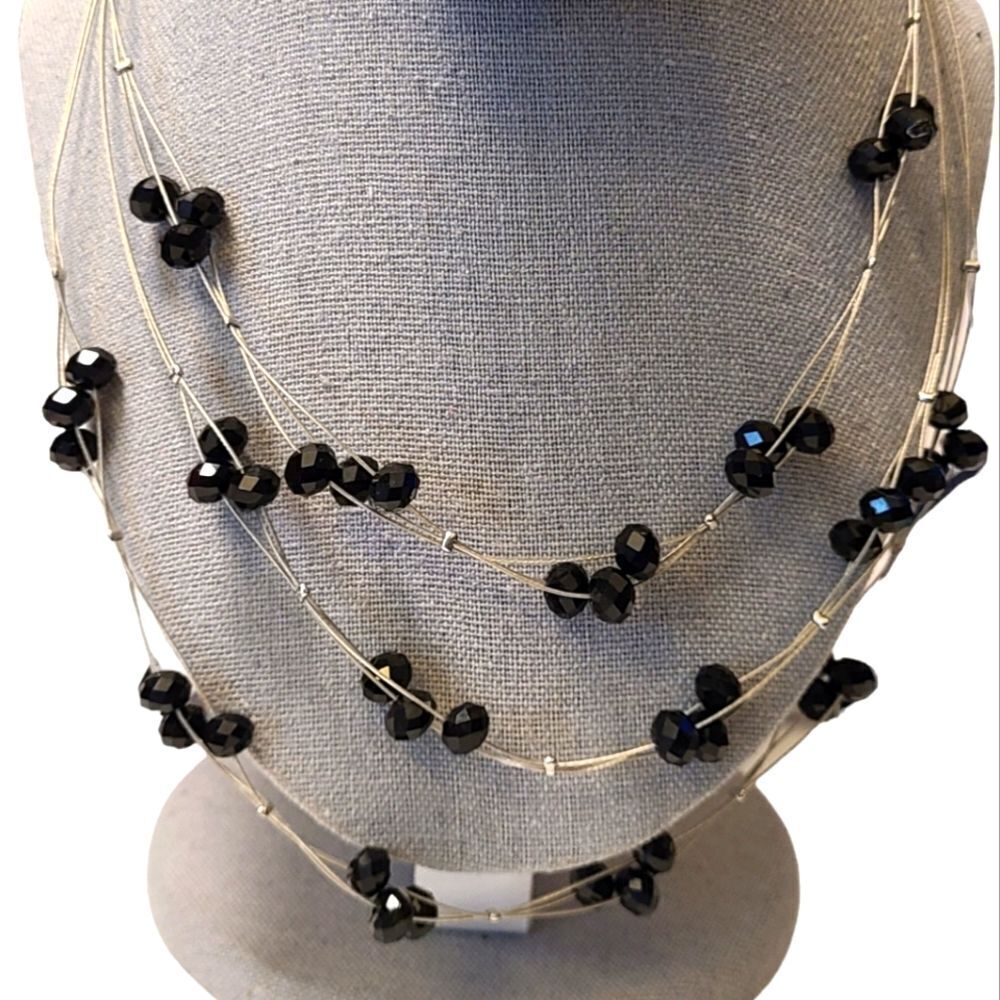 Vintage Floating Black Beaded Necklace Triple Strand 20"‎